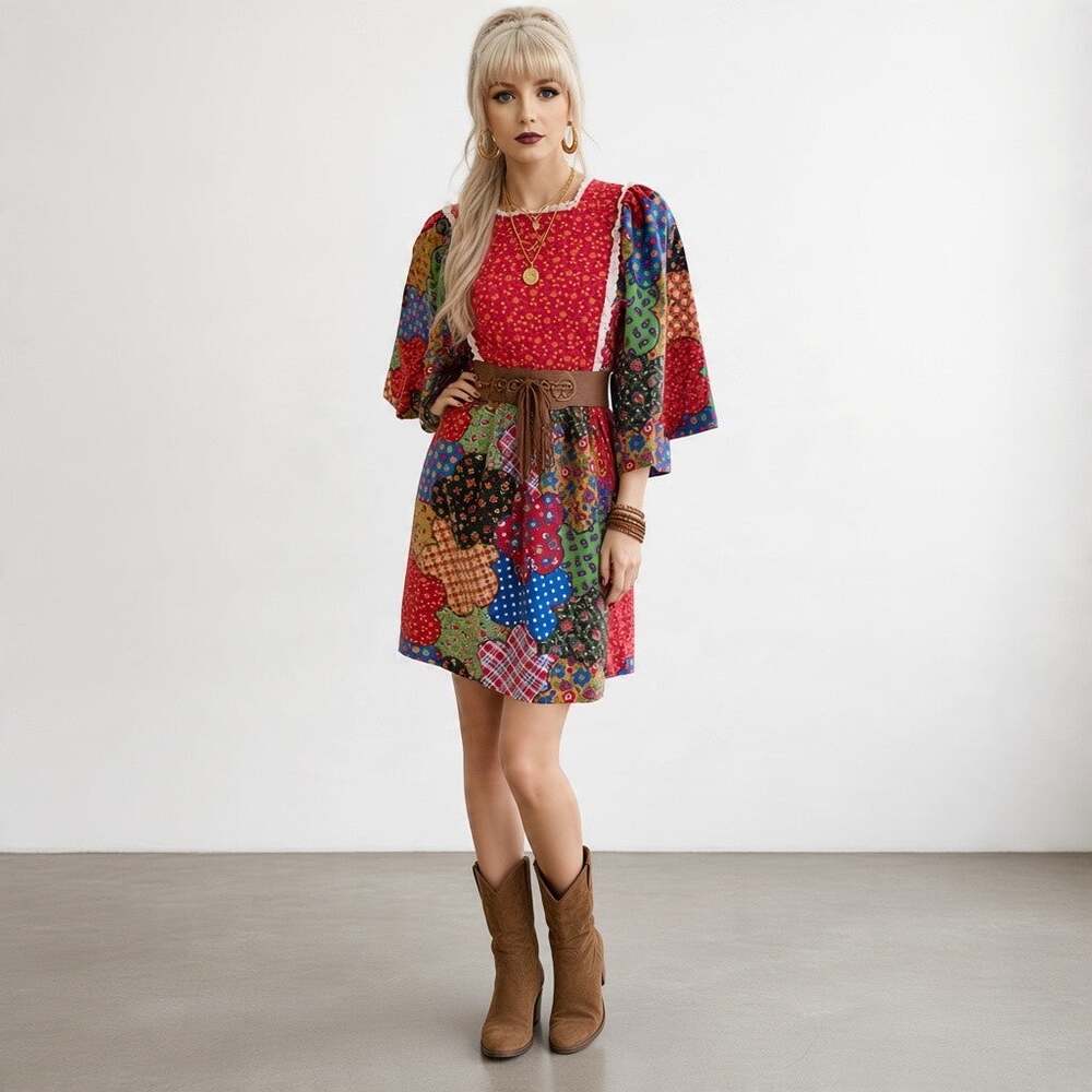 1970s Patchwork Mini Dress, Red Calico Floral, Kimono Sleeves, Large
